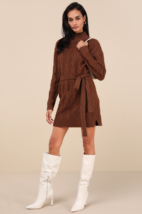 Warmed Up To You Brown Cable Knit Mock Neck Sweater Dress