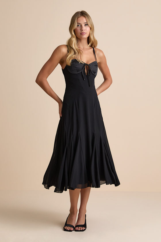 Enticing Invite Black Pleated Midi Dress