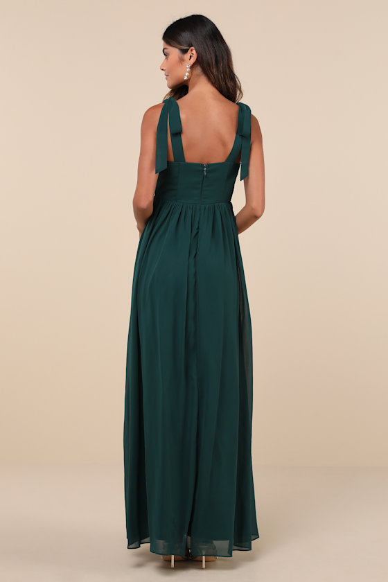 Radiant Charisma Emerald Chiffon Ruched Tie-Strap Maxi Dress