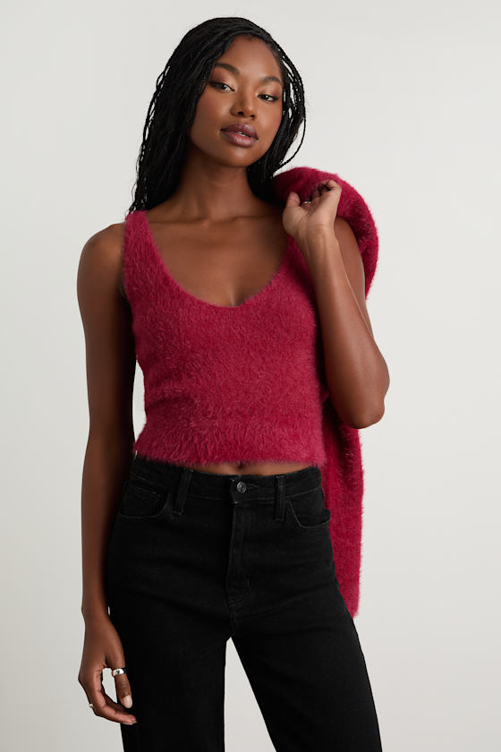 Mekea Berry Red Eyelash Knit Tank Top and Cropped Cardigan Set