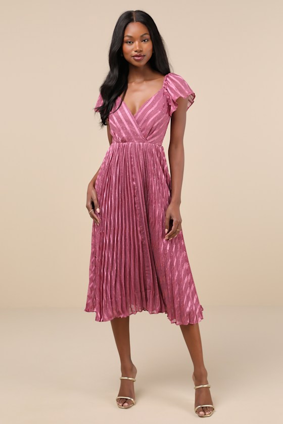 Standout Sophistication Mauve Lurex Flutter Sleeve Midi Dress