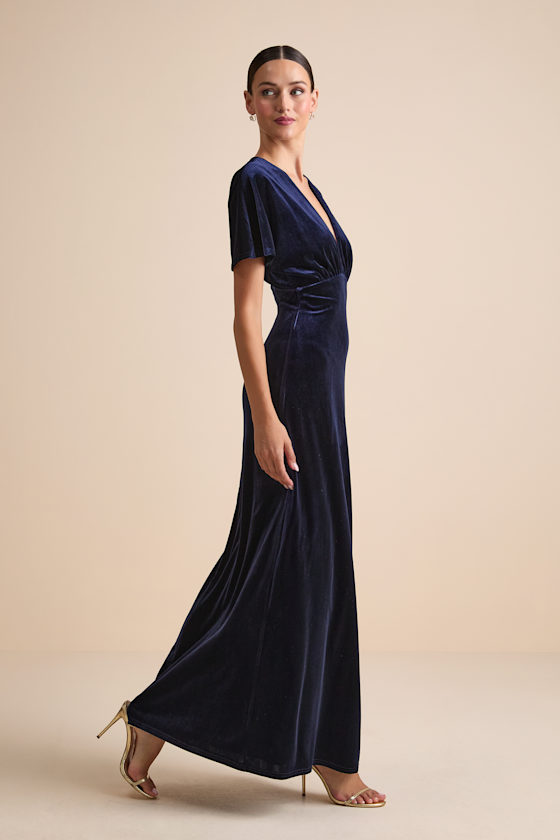 Mystical Charm Navy Velvet Flutter Sleeve Maxi Dress