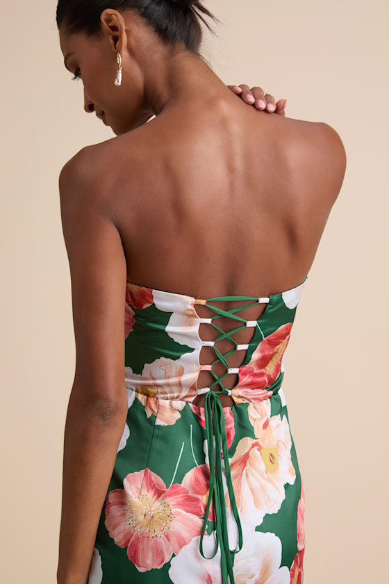 Oriana Dark Green Floral Satin Strapless Midi Dress