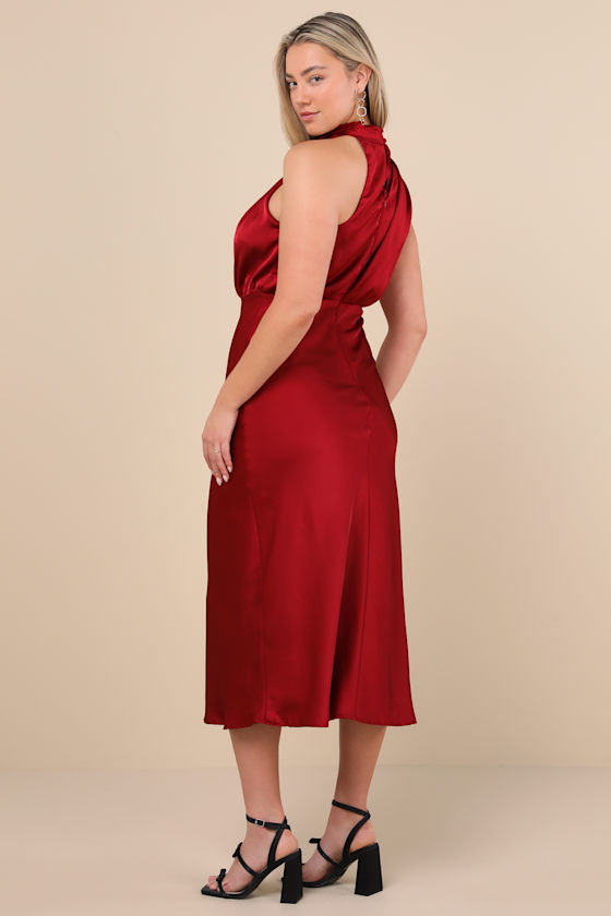 Distinctive Charm Burgundy Satin Asymmetrical Midi Dress