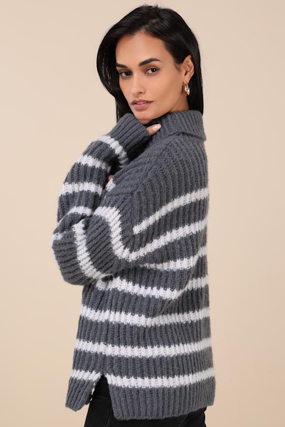 Cooler Forecast Grey and White Striped Turtleneck Sweater