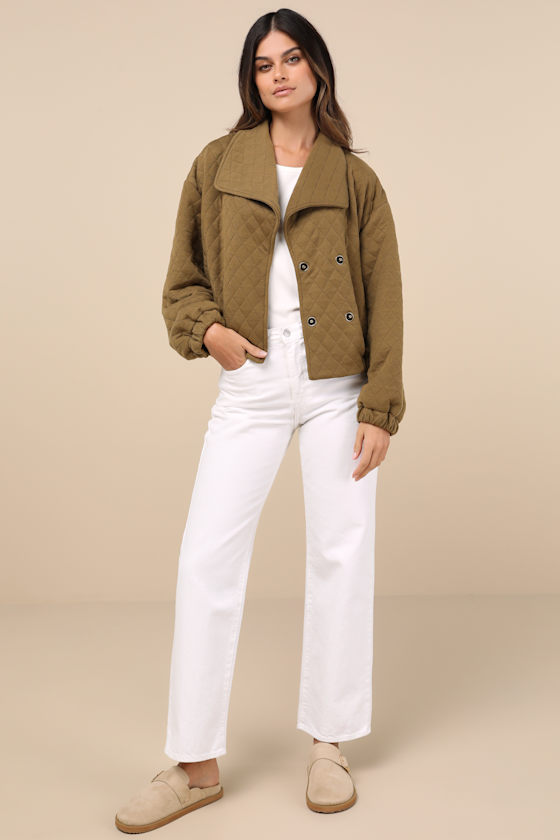 Layered Charisma Olive Green Collared Quilted Jacket