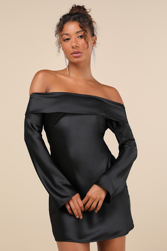 Luxurious Vision Black Satin Off-the-Shoulder Mini Dress