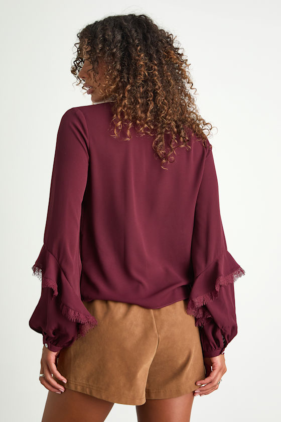 Jess Burgundy Ruffled Lace Long Sleeve Top