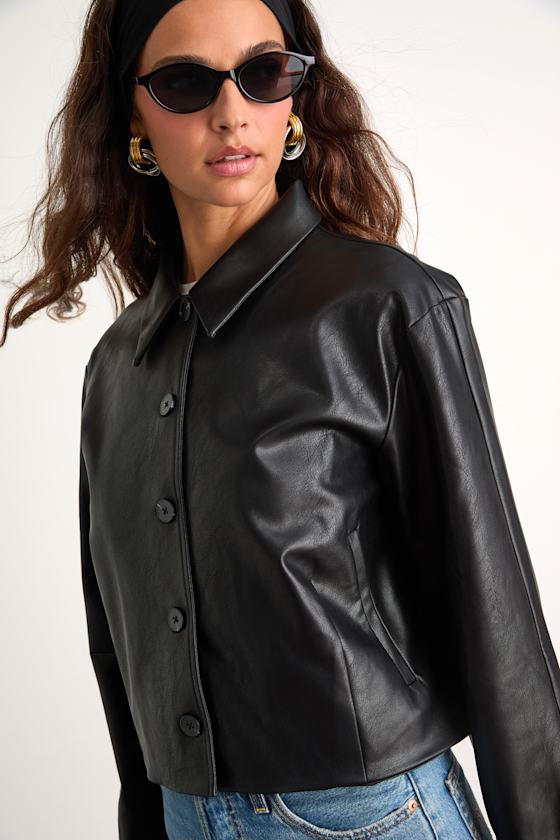 Mariely Black Vegan Leather Button-Front Cropped Jacket