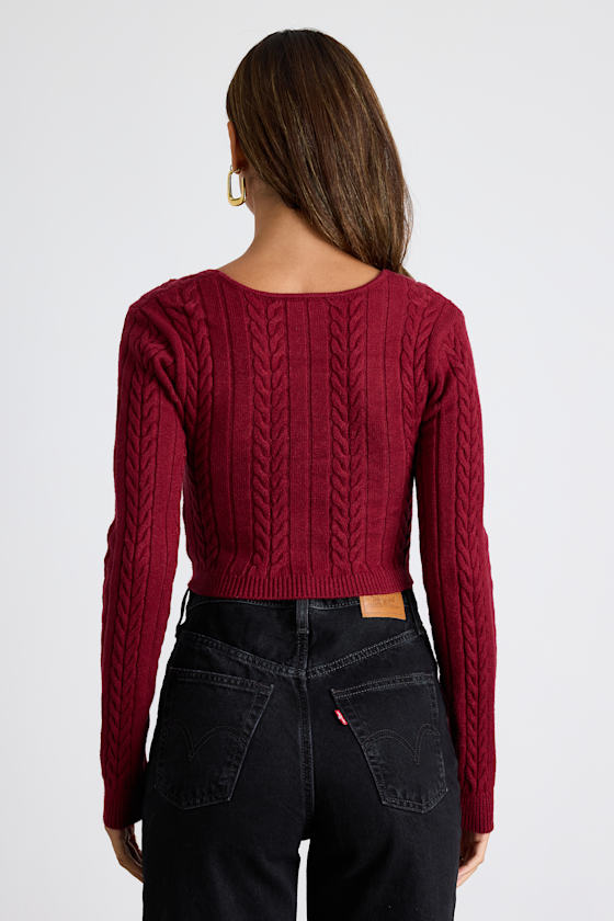 Feliya Dark Red Cable Knit Cross-Front Sweater Crop Top