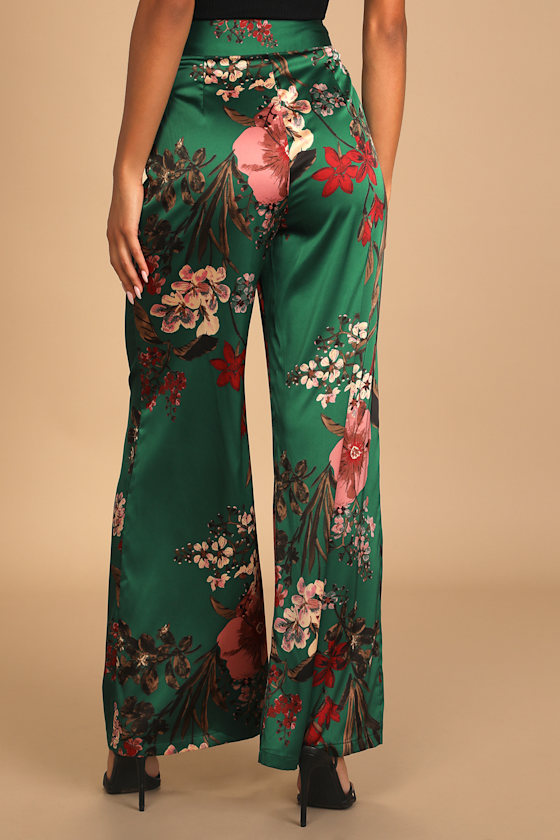 Thriving Vibes Green Floral Print Satin Wide-Leg Pants