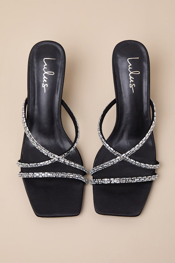 Birdine Black Satin Rhinestone High Heel Sandals