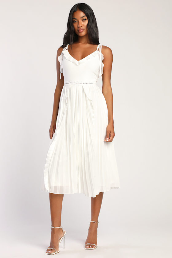 Never a Dull Moment White Tie-Strap Pleated Midi Dress