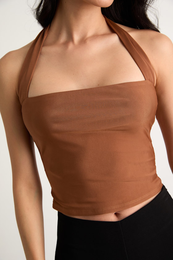 Laniah Light Brown Slinky Knit Halter Crop Top