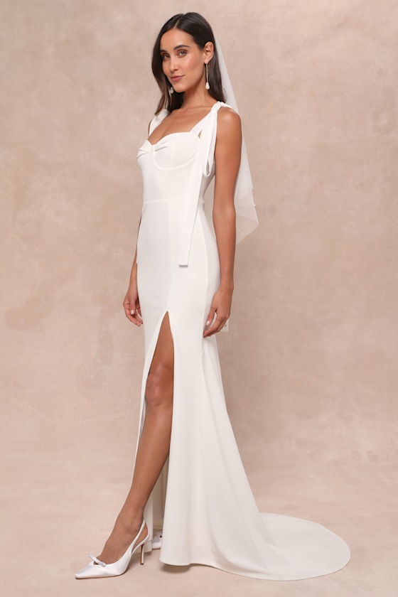 Splendid Love White Bustier Tie-Strap Mermaid Maxi Dress