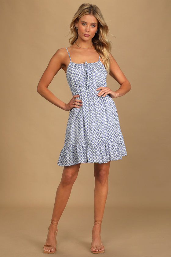 Grecian Getaway Blue and White Print Mini Dress