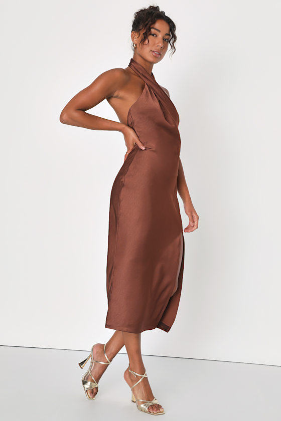 Beyond Classy Brown Satin Halter Midi Dress