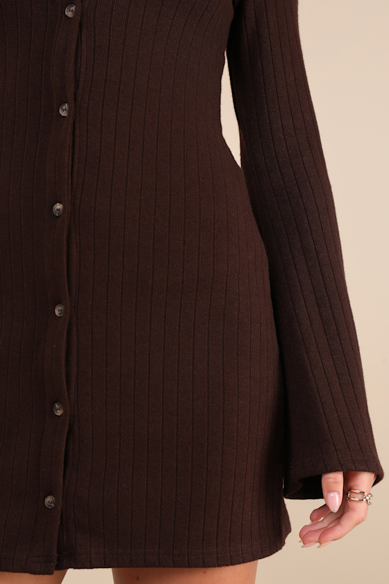 Cuddly Sweetness Brown Button-Front Sweater Mini Dress