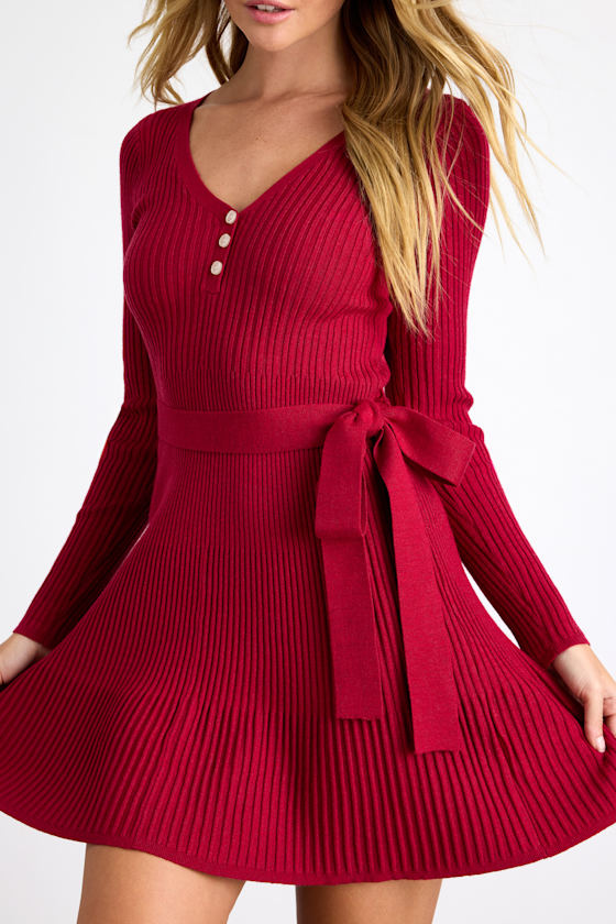 Cozy Poise Red Henley Long Sleeve Mini Sweater Dress