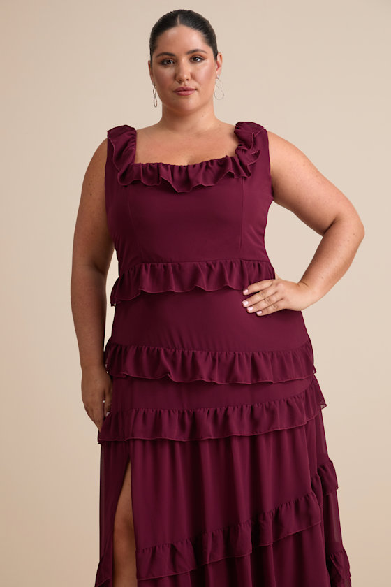 Compelling Romantic Burgundy Ruffled Tiered Maxi Dress