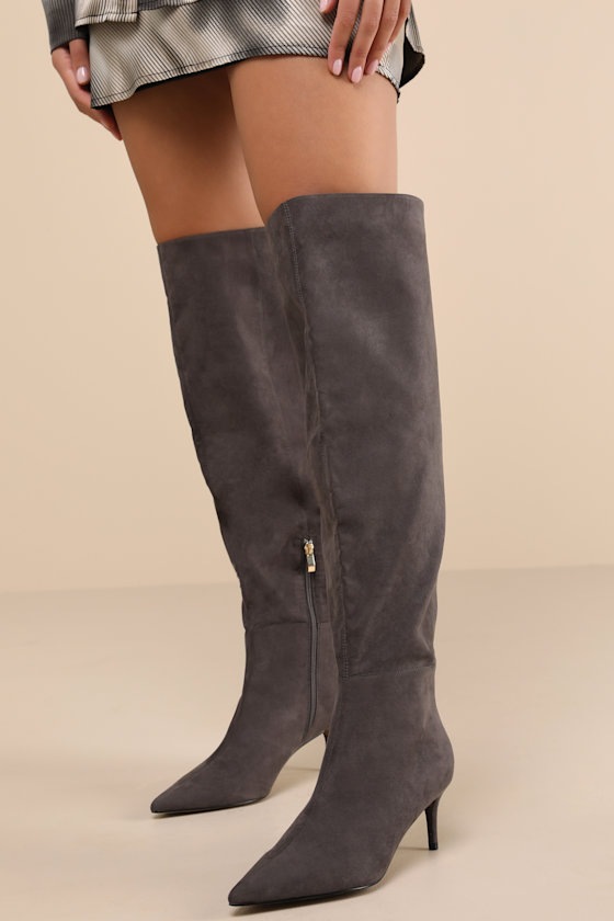 Tierny Charcoal Suede Pointed-Toe Over-the-Knee Boots