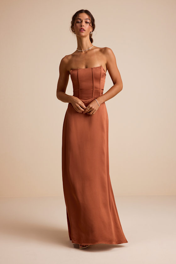 Extraordinary Presence Rust Brown Satin Strapless Maxi Dress