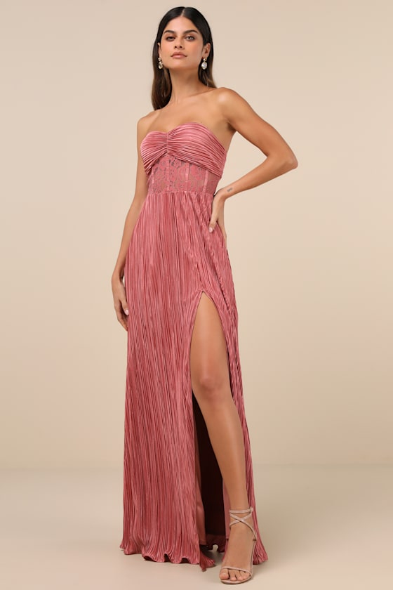 Desme Rose Pink Satin Plisse Strapless Maxi Dress