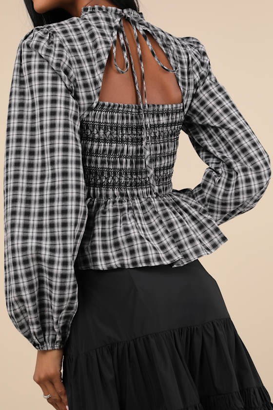 Undeniable Crush Black Plaid Smocked Top