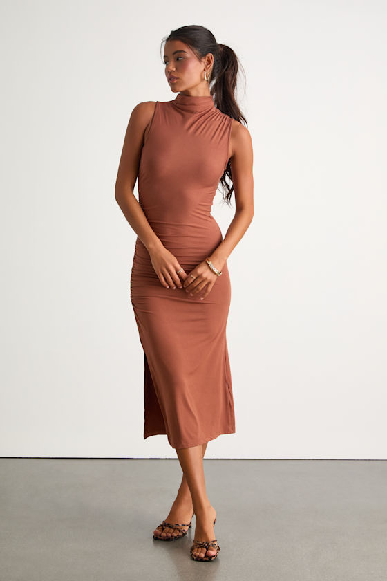 Elevated Presence Brown Sleeveless Ruched Funnel Neck Midi Dress
