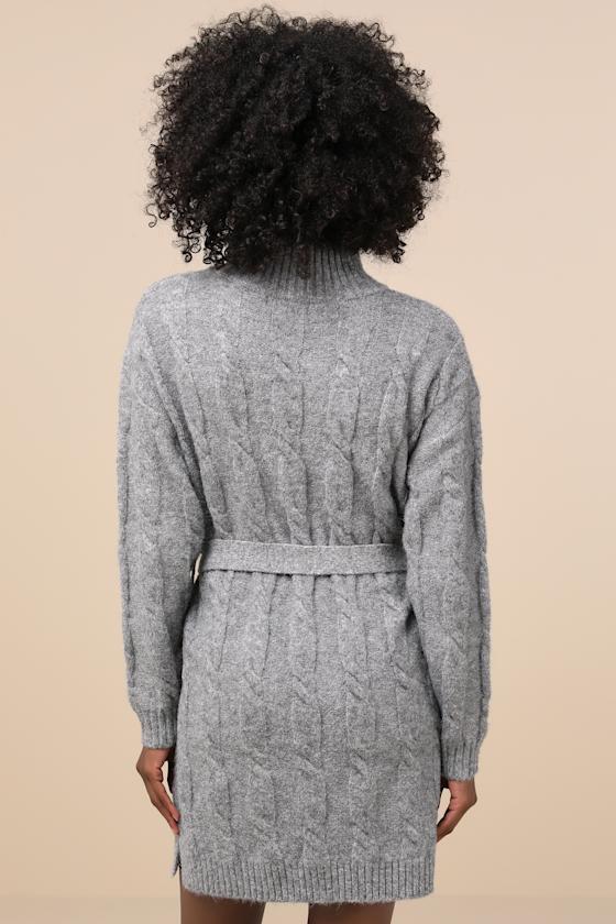 Warmed Up To You Heather Grey Cable Knit Mock Neck Sweater Dress