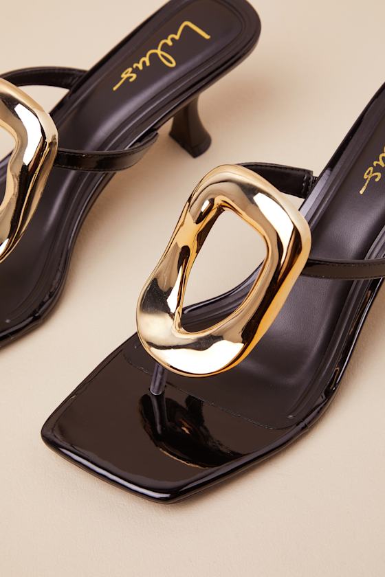 Xenia Black Patent Embellished High Heel Thong Sandals