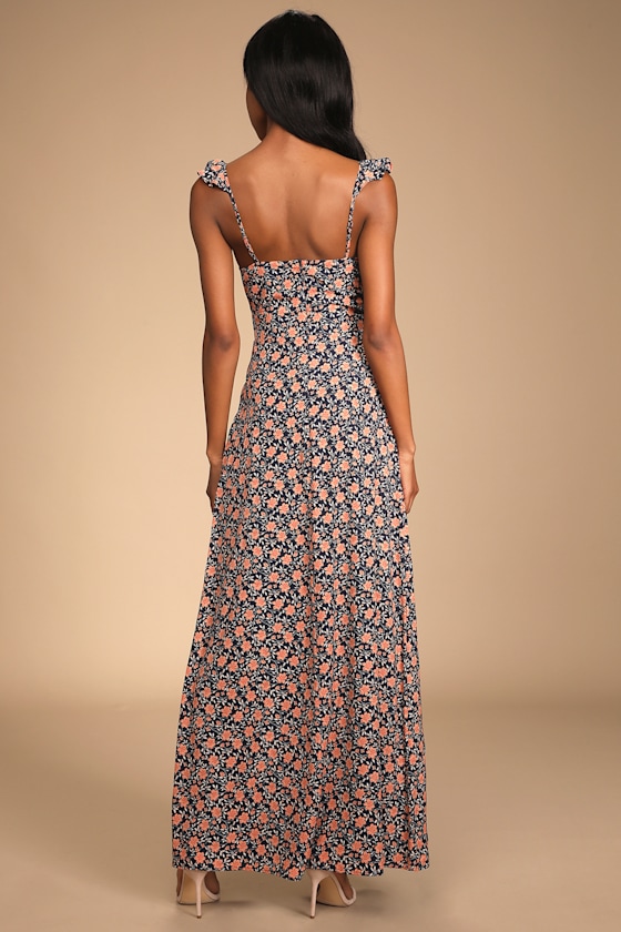 The Way to Love Navy Blue Floral Print Ruffled Maxi Dress