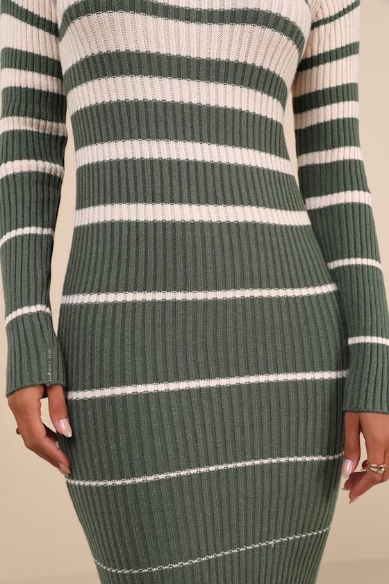 Seasonal Status Green and Cream Striped Midi Sweater Dress