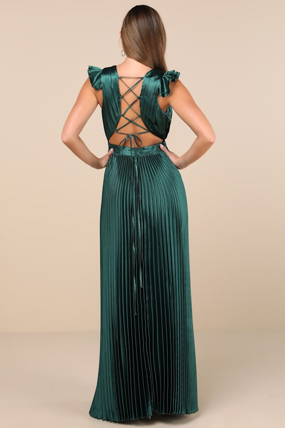 Exceptional Drama Emerald Satin Lace-Up Pleated Maxi Dress