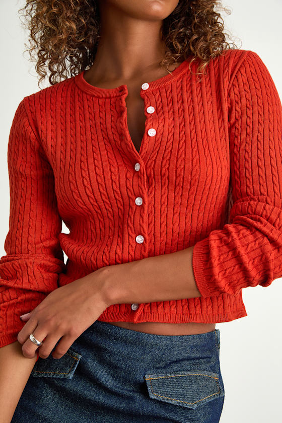 Marylu Bright Red Cable Knit Cardigan Sweater Top