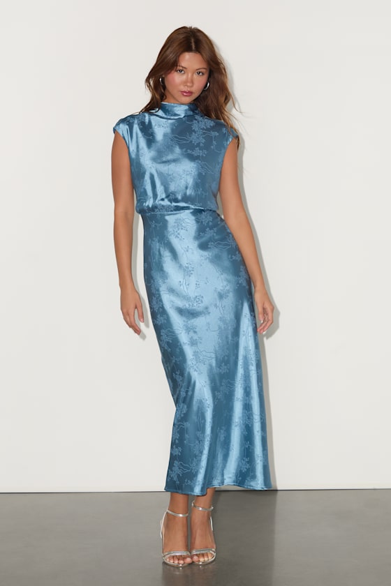 Gia Slate Blue Satin Jacquard Cutout Midi Dress