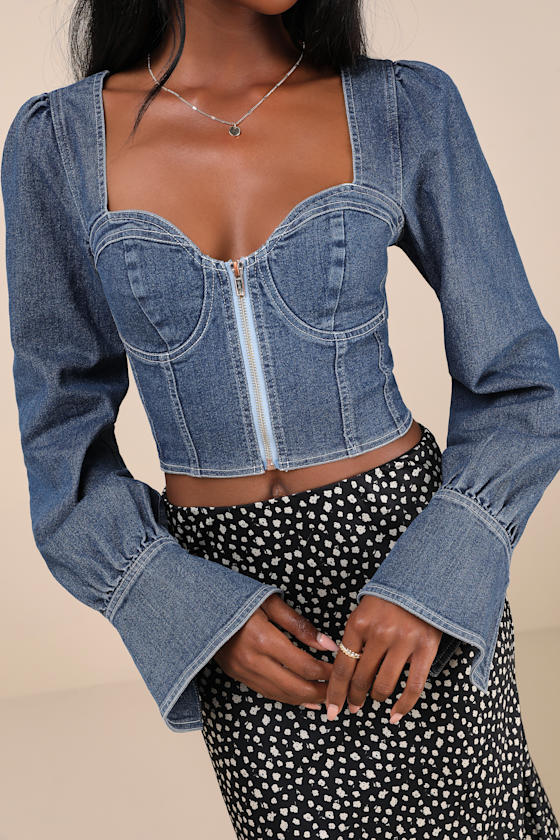 Confidently Coveted Dark Wash Denim Long Sleeve Bustier Crop Top