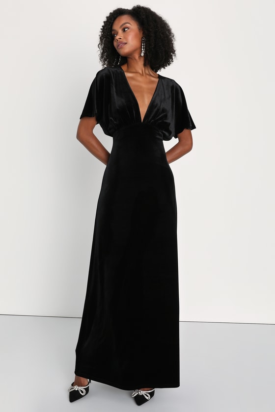 Mystical Charm Black Velvet Flutter Sleeve Maxi Dress