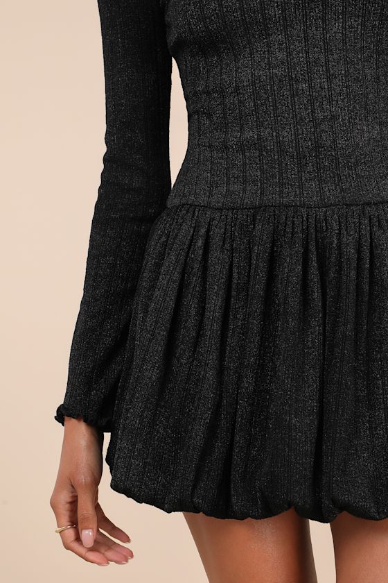 Approachably Adorable Black Ribbed Bubble-Hem Mini Dress