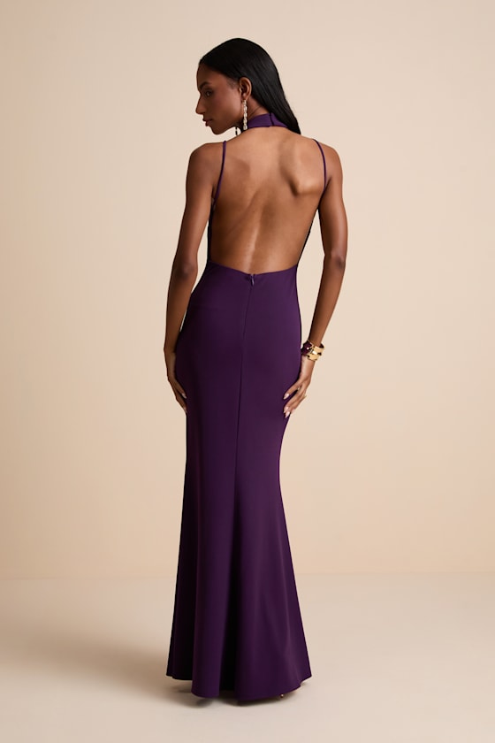 Damaris Dark Purple Mock Neck Backless Maxi Dress