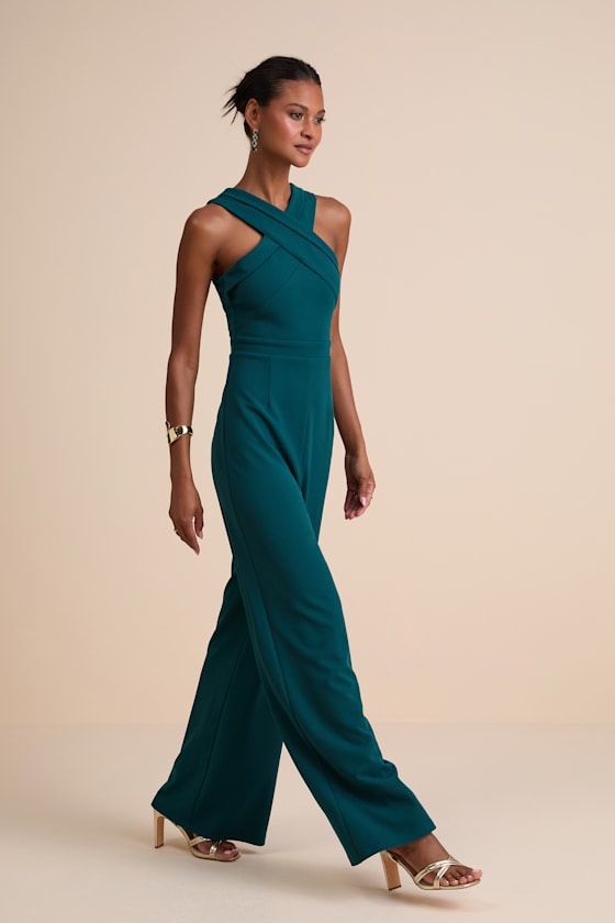 Criss-Cross Your Mind Emerald Cross-Front Wide-Leg Jumpsuit