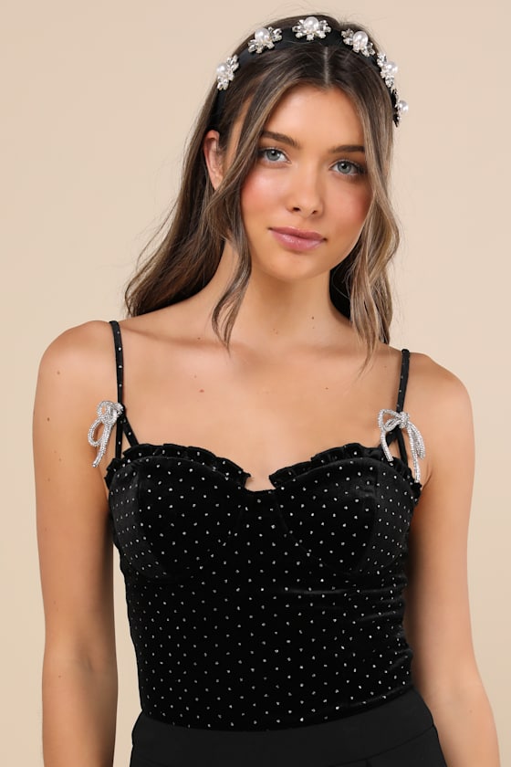 Flirty Shimmer Black Polka Dot Velvet Rhinestone Bow Bustier Top