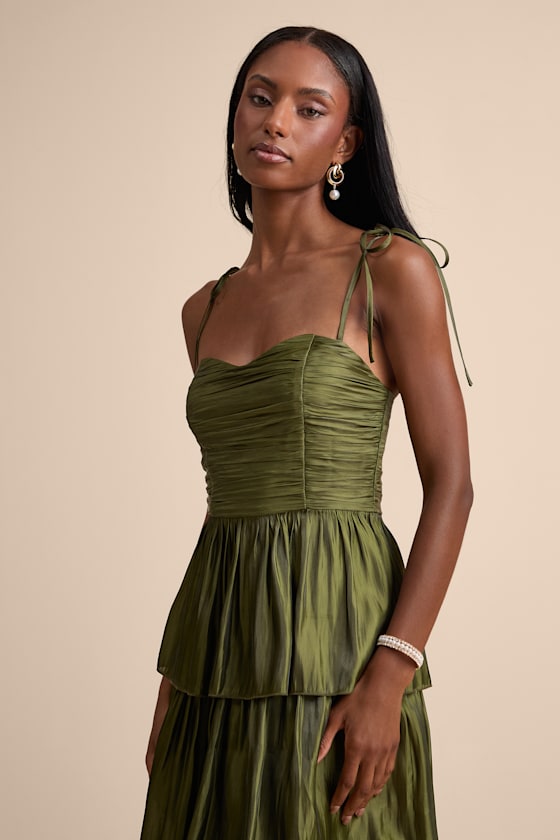 Tennon Olive Green Plisse Tiered Midi Dress