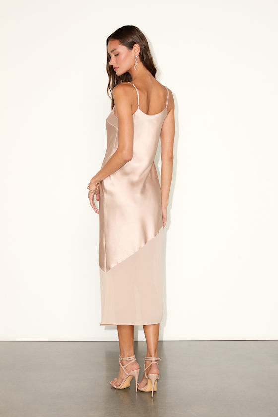Drew Champagne Satin and Chiffon Midi Slip Dress