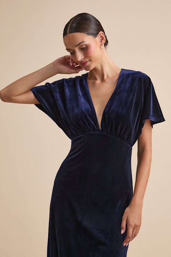 Mystical Charm Navy Velvet Flutter Sleeve Maxi Dress