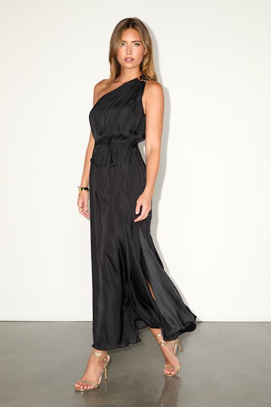 Goddess Aura Black Satin One-Shoulder Maxi Dress