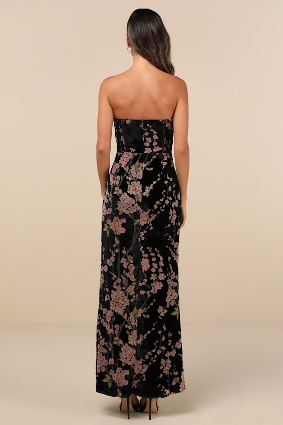 Luxurious Allure Black Burnout Velvet Strapless Maxi Dress