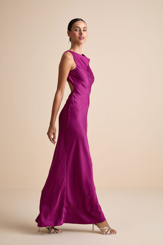 Alisha Magenta Crinkle Satin Backless Maxi Dress