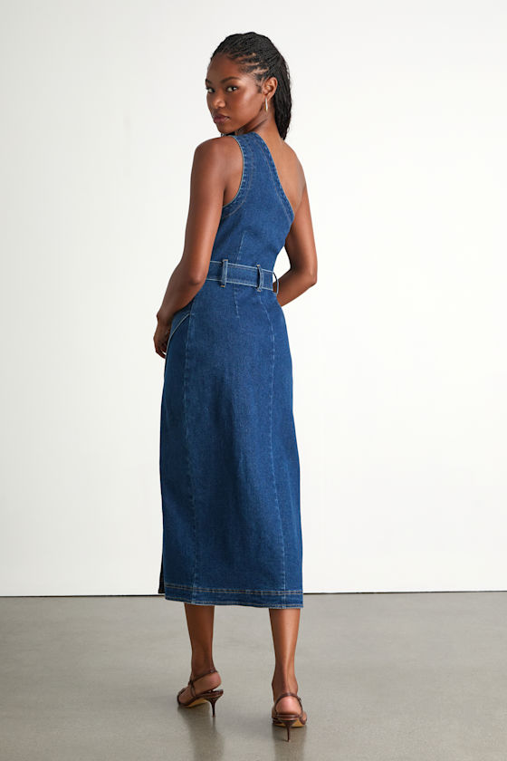 Avelina Medium Wash Denim One-Shoulder Belted Midi Dress