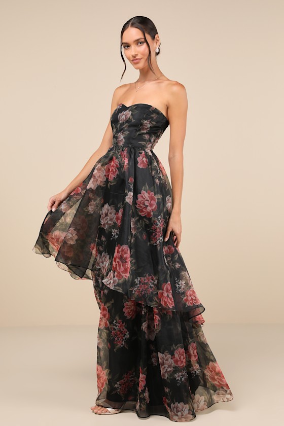 Truly Extraordinary Black Floral Organza Strapless Maxi Dress
